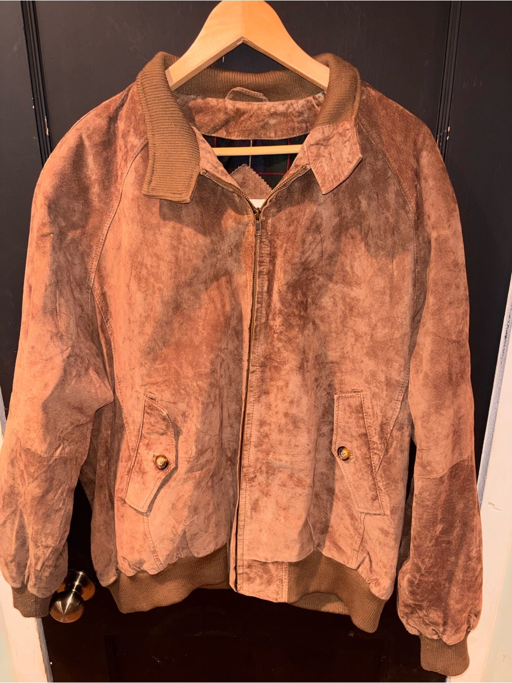 Orvis Vintage Distressed Suede Leather Bomber Jacket Plaid Lined XL